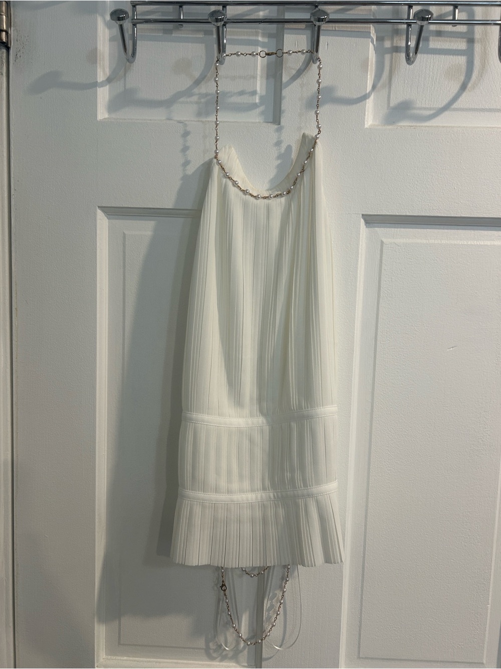 Cream Pleated Halter Top with Pearl Chain Detail